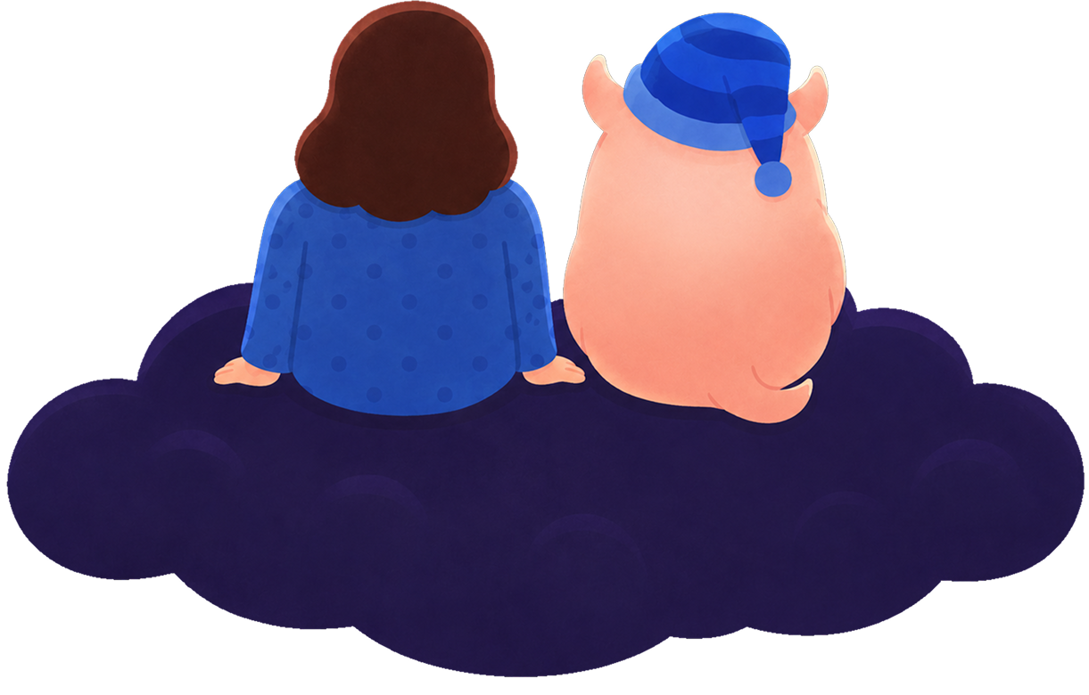 A person and the Zzzon mascot sitting together on a cloud at night